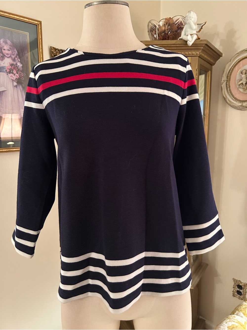 Talbots Navy Striped Boatneck Women's Top - Red & White Accent Sz M. C:4035-7